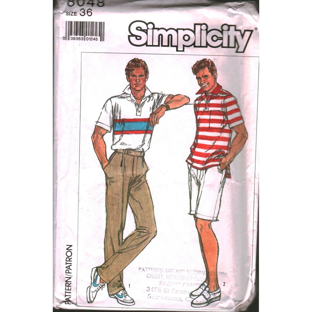 Simplicity 8048 Mens Pants Shorts Knit Top Sewing Pattern Size 36 Vintage 1980s‎